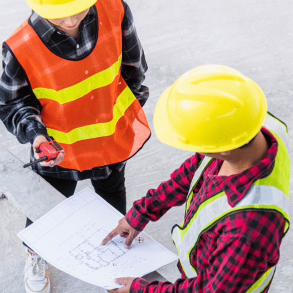 Due tecnici in cantiere che esaminano una piantina, servizio di rilievi offerto da GSG Air Conditioned srl